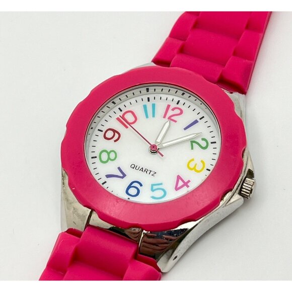 Bright Pink Silicone Quartz Watch Colorful Rainbow Numbers Silver Tone - Picture 3 of 6